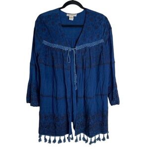 Indigo Thread Co. Open Tie Front Kimono Top Medium Boho Embroidered Lace Tassel